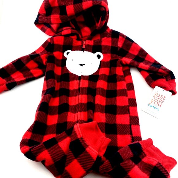 Baby Pajamas Sleepwear Size 6m Bear Zipper Hooded One Piece Boys Girls - Picture 4 of 7